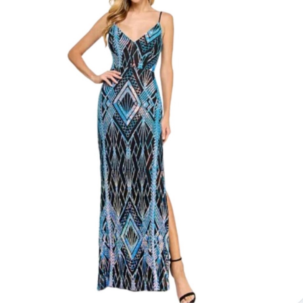Emerald Sundae Embellished Sequin Pattern Side-Slit Lace Up Back Gown - Size XS